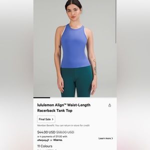 Lululemon bright blue align waist length racer back tank